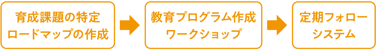 育成課題の特定・ロードマップの作成→教育プログラム作成・ワークショップ→定期フォローシステム